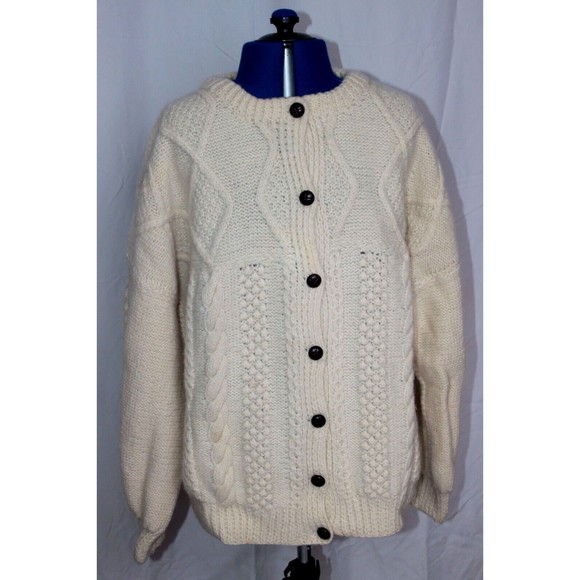 Crana Handknits Made In Ireland 100% Pure New Wool Cream Cable Knit Cardigan M - Picture 2 of 9